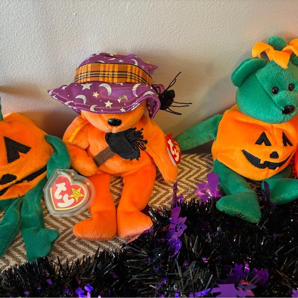 Set of 3-Ty Halloween Beanie Babies Set - Orange and Green Bears